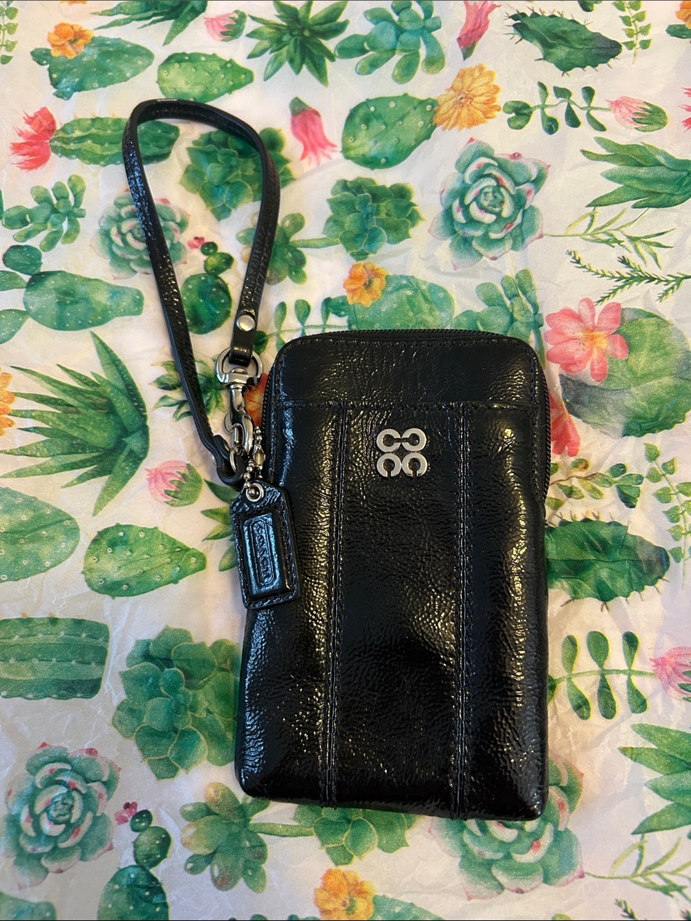 Coach Black Patent Leather Wristlet Phone Pouch